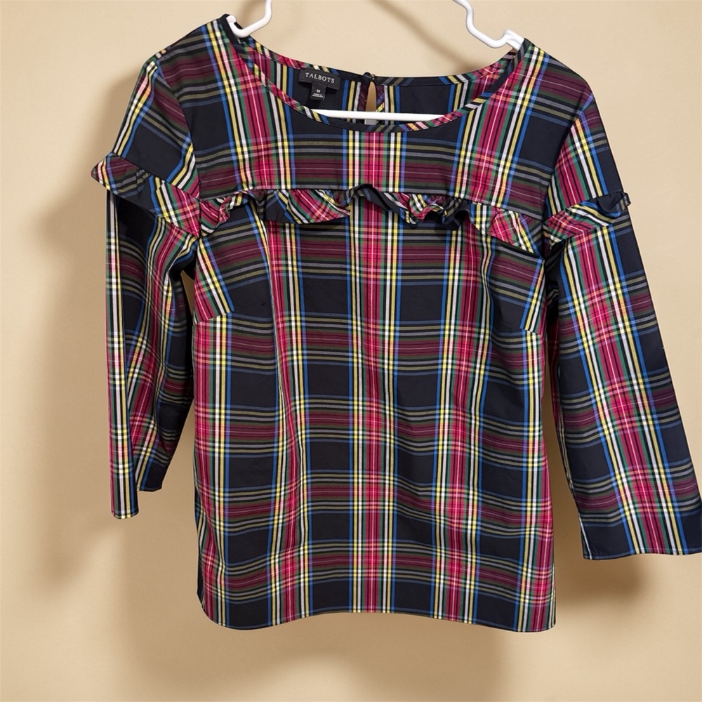 Talbots Navy Plaid Long-Sleeve Ruffle Yoke Top with Pink & Yellow Accents